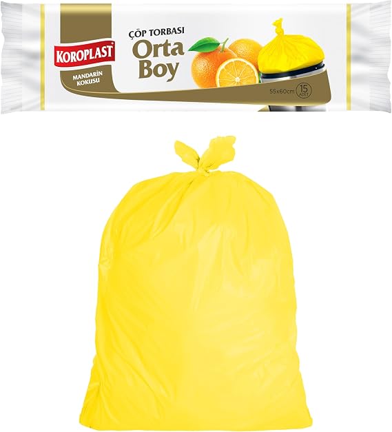 Koroplast Mandarin Scented Medium Size Garbage Bag 15pcs 55x60cm, Leak Proof and Tear Proof, Anti Bad Odor Scented Medium Size Garbage Bag, Recyclable Waste Bag, Strong and Durable Garbage Bag