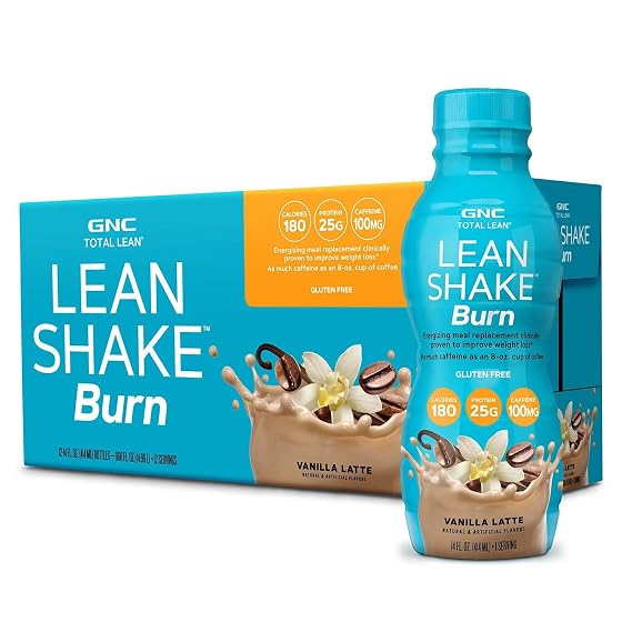 GNC Lean Shake Burn With Caffeine, 25g Protein, Vanilla Latte, Pack of 12 | Clinically Proven to Support Lean Muscle and a Healthy Immune System, Provides Vitamin C and Vitamin D