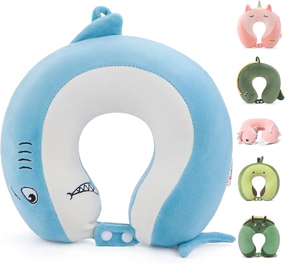 Kids Travel Neck Pillow for Ages 3-8, Memory Foam, Removable Cover, Shark