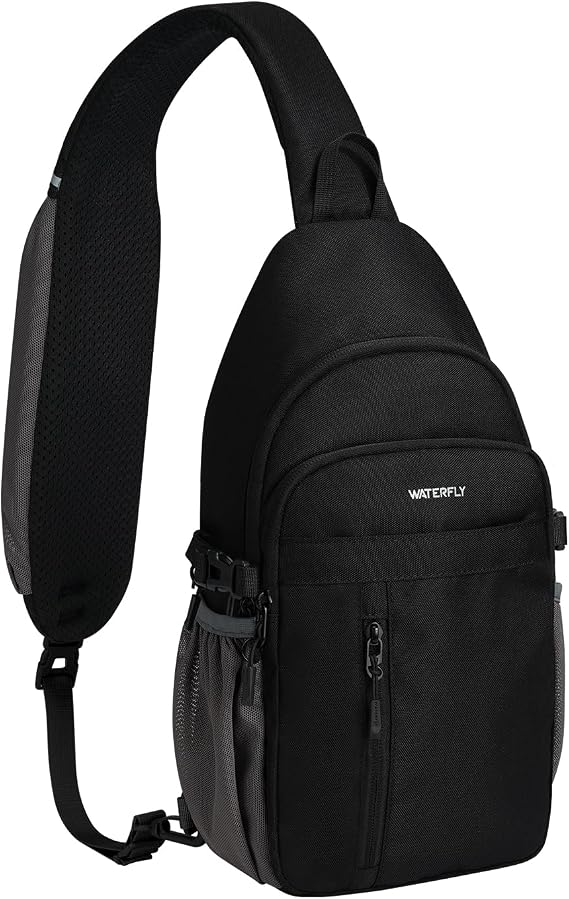WATERFLY Small Crossbody Sling Bag: RFID Travel Hiking Daypack Man Woman | RFID-blocking,12 Multi-compartment pockets,Water-resistant,Adjustable shoulder strap with phone pocket,Durable nylon