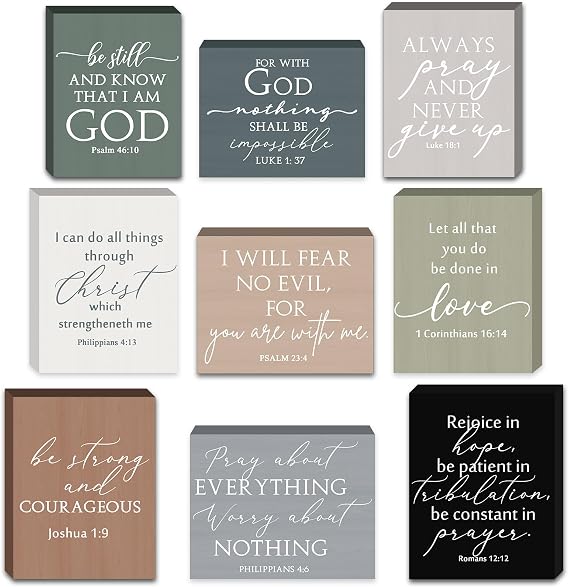 Yousoontic 9 Pcs Small Christian Desk Wall Decor Bulk Mini Wooden Inspirational Bible Verse Quotes Aesthetic Table Decor for Sunday School Church Teacher Office Desk(Boho,Simple)