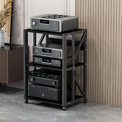 345-Tier Movable AV Media Stand Corner Shelf CD Player Stand Stereo Component Storage Cabinet Audio Rack Tower with Height Adjustable Wooden Shelves for HomeOfficeTheaterColor:Black - B,Size:3 Ti