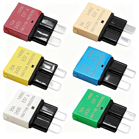 6-Pack DC 12V Auto Reset Circuit Breaker 5A 10A 15A 20A 25A 30A E37 Fuse Circuit Breaker Low Profile Circuit Breaker for Car Blade Fuses Car Fuses with Automatic Reset