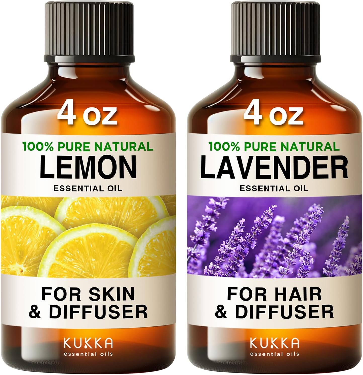 Lemon Essential Oil for Diffuser & Lavender Oil Essential Oil for Diffuser Set - 100% Natural Aromatherapy Grade Essential Oils Set - 2x4 fl oz - Kukka