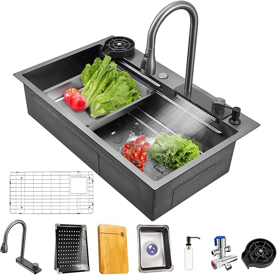 Waterfall Kitchen sinks stainless steel 26'' Single sink Pull down faucet for kitchen sink Countertop with Protectors Grid etc Accessories Black 26''x20''X8''
