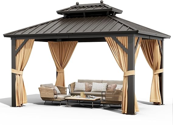 Litake 10x13ft Hardtop Gazebo Double Roof with Nettings and Curtains, Aluminum Frame, Heavy Duty Galvanized Steel Outdoor Vertical Stripes Roof for Garden, Patio, Lawns, Parties, Brown