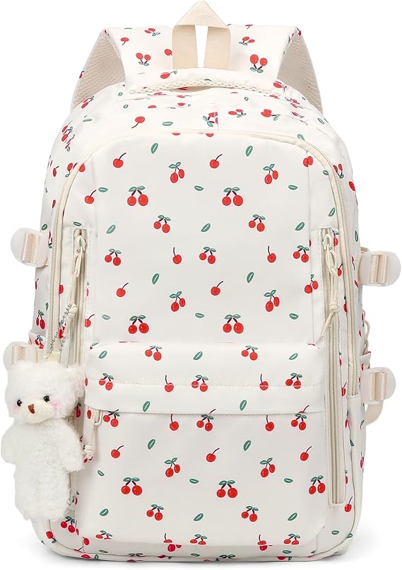 TIAASTAP Aesthetic School Backpack Cute Preppy School Bags for Girls - Coquette Schoolbag Floral Print Back Pack for Teenage College Primary Secondary Middle School (A03 Cherry)
