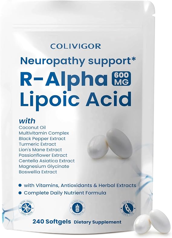 R-Alpha Lipoic Acid 600mg | 240 Softgels | Neuropathy Supplements with Active B-Vitamins, Magnesium Glycinate & Herbal Extract Blend | Support Nervous System Health | Non-GMO, Gluten-Free