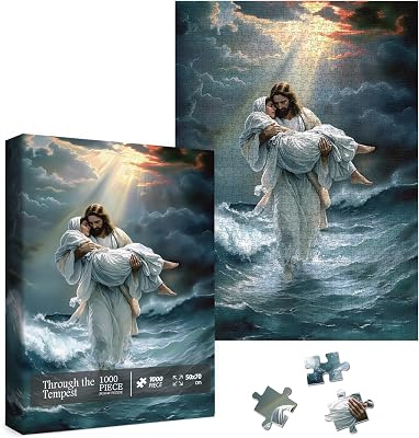Religious Jesus Puzzles for Adults 1000 Pieces, Christian Bible Walking on Water Jigsaw Puzzle, Art Sunset Landscape Faith Catholic Puzzle