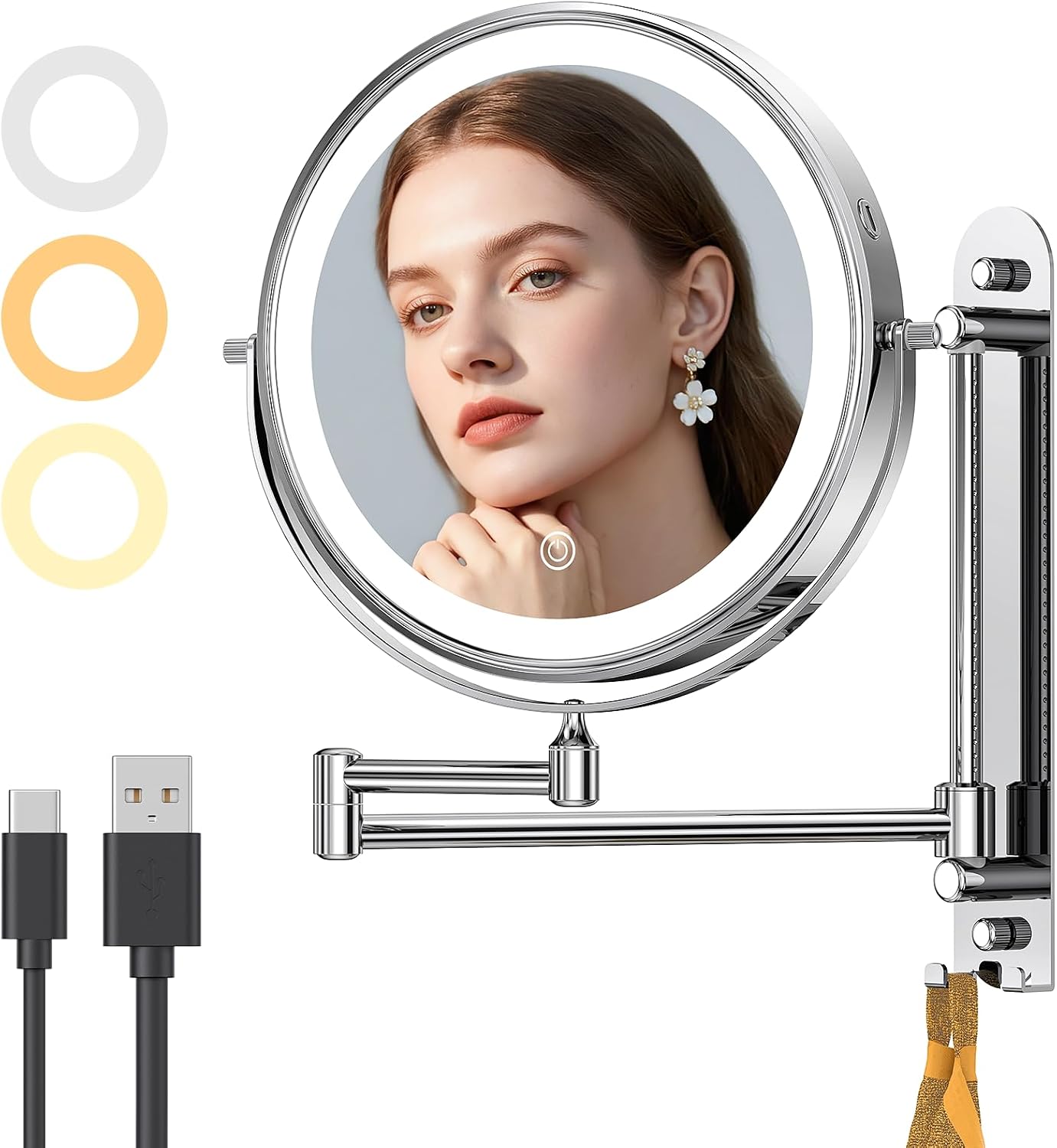 Gospire 9” Wall Mounted Lighted Makeup Mirror with Magnification 10X, 7in Height Adjustable Vanity Lighted Mirrors for Bathroom Wall, 360° Extended Arm Shaving Wall Mirror with Lights - Chrome