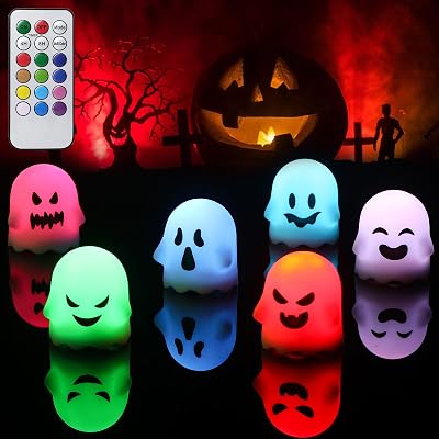 DRomance Halloween Ghost Lights Flameless Candles Battery Operated with Remote and Timer 6 Pack Color Changing LED Small Votive Candles Spooky Halloween Indoor Deocration2 x 2.4 Inches