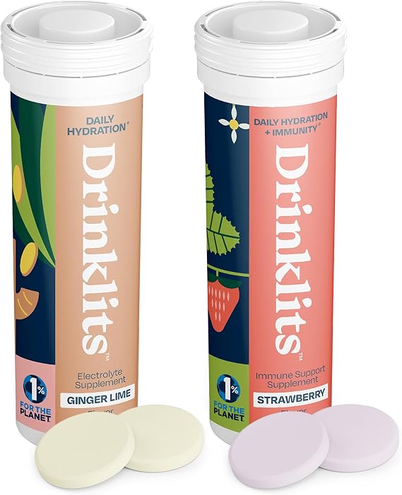 Drinklits Ginger-Lime Electrolyte Hydration & Strawberry Immunity Tablets (2) Tube Combo Pack | Great Taste Gluten Free Daily Use | 20 Servings (10 Tablets Per Tube)