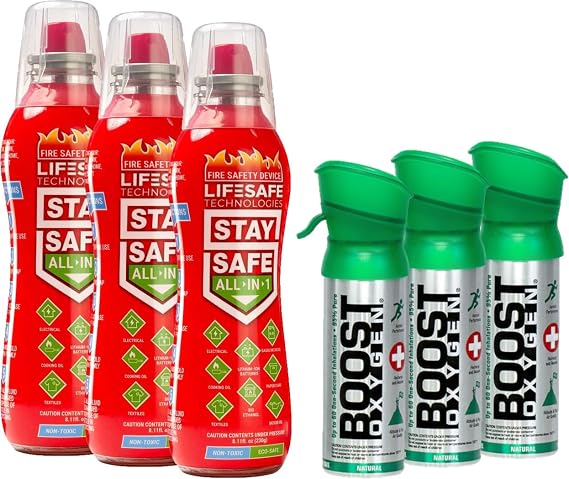 StaySafe All-in-1 Compact Fire Extinguisher | Home, Kitchen, Car | Tackle 10 Types of Fire with Boost Oxygen 95% Pure Pocket Sized Oxygen for Endurance, Performance, and Recovery 3 Liter, 3 Pack