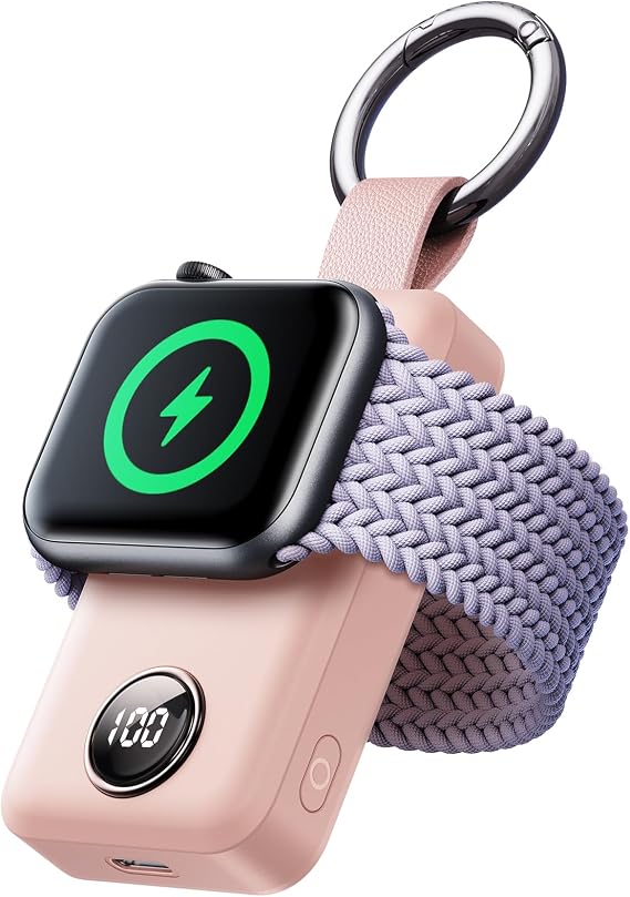JOYROOM Portable 2000mAh Wireless Charger Compatible for Apple Watch Series 11/10/9/8/7/6/5/4/3/2/1/SE/UItra 3/UItra 2/Ultra, Compact Magnetic iWatch Charger Keychain Style Travel Essentials (Pink)