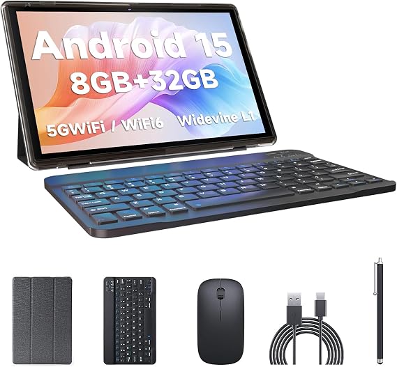 Android Tablet 2 in 1 with Keyboard Case Mouse Stylus, 10 inch Tablet Android 15 Tablets PC, 8GB RAM+32GB ROM Support 1TB Expandable, 6000mAh Battery 10.1" Tableta 2MP+8MP Dual Camera WiFi-6 Tablets