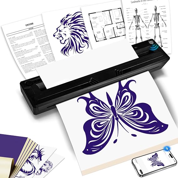 Tattoo Stencil Printer with 10pcs Transfer Paper & A4 Thermal Paper, Bluetooth Tattoo Printer, Wireless Inkless Thermal Machine for Artists & Beginners, phone, iPad & PC, Tablet
