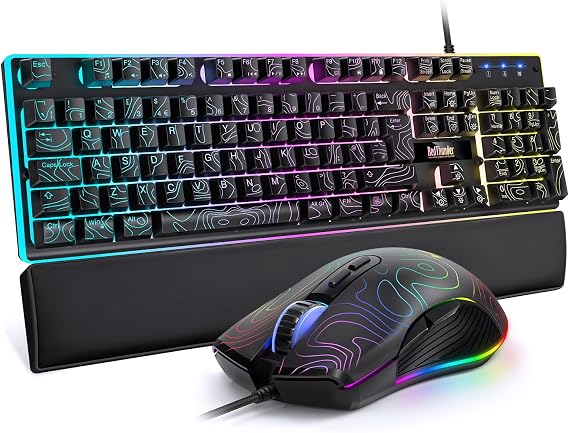 RedThunder K10 Wired Gaming Keyboard and Mouse Combo,UK Layout,True RGB Backlight,Soft Leather Wrist Rest,Ergonomic Anti-Ghosting Keyboard + 7D 7200 DPI Mouse for PC Mac PS5 Xbox(Contour Lines Black)