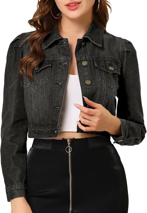 Allegra K Women's Cropped Denim Jackets Button Down Puff Sleeve Jean Jacket