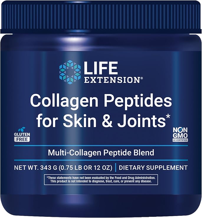 Life Extension Collagen Peptides for Skin & Joints, Collagen Types I, II & III in an Easy-Mix Powder, Gluten Free, Non-GMO, net Weight 343 Grams