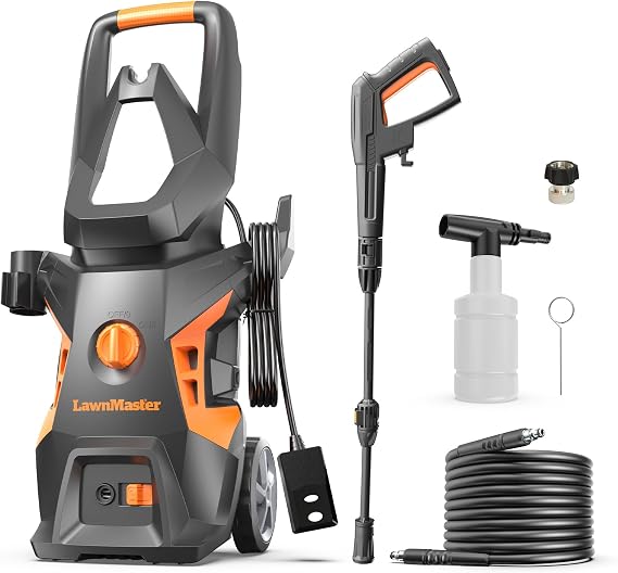 LawnMaster LT306-1800C Electric Pressure Washer 13-Amp 1.4 GPM 2100 Max PSI | CSA Certified, Foam Bottle, 20-ft high-pressure hose