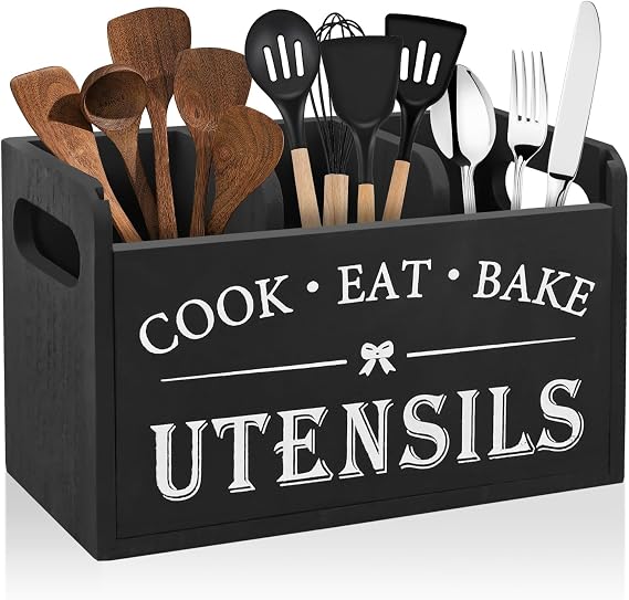 Kitchen Utensils Holder - Black Utensil Holder Cooking Utensil Organizer with 3 Compartment Drainage Bottom, Wooden Cutlery Storage Holder Farmhouse Cutlery Caddy, Cooking Tools Storage for Countertop