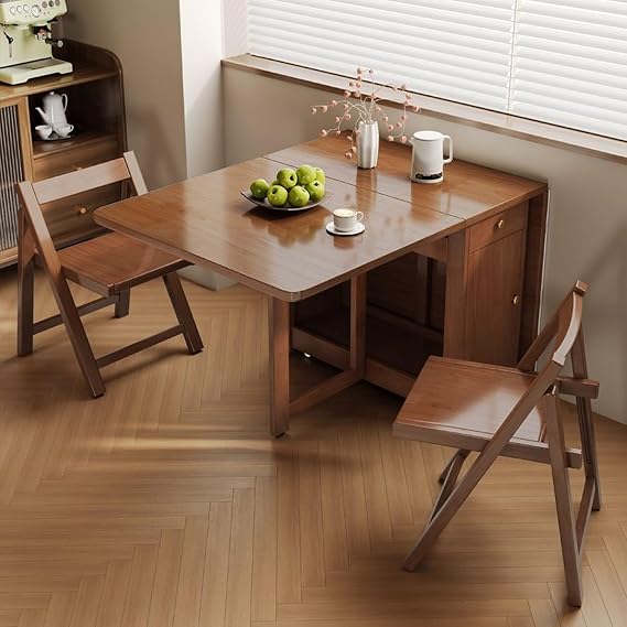 All-Solid Wood Folding Dining Table, Small Household Retractable Ultra-Thin Dining Table, Integrated Sideboard, Rectangular Dining Table, Convenient for Storage, Foldable Storage