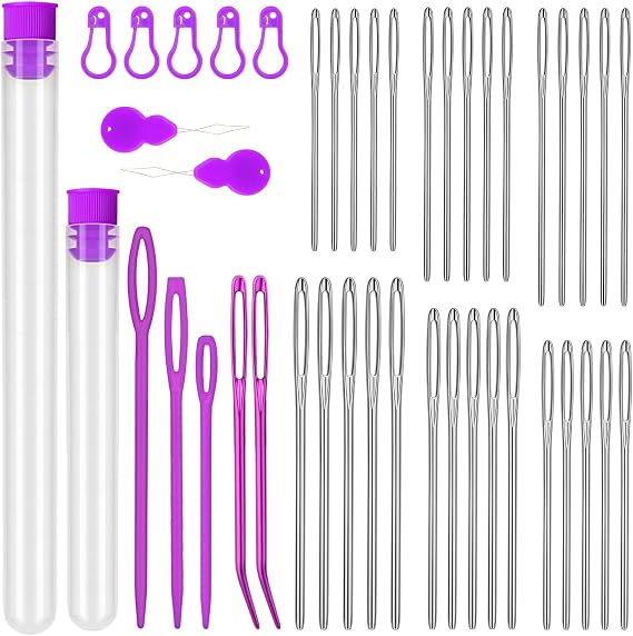 Bupete 42 Pcs Large Eye Blunt Yarn Needles Set, Darning Needles for Yarn, Crochet Needle, Plastic Needles, Tapestry Needles with Curved Darning Needles Knitting Needles for Sewing