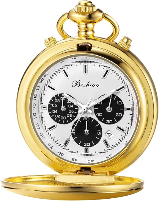 BOSHIYA Smooth Quartz Pocket Watches for Men Multifunctional Chronograph Classic Vintage Mens Womens Pocket Watch with Chain Christmas Graduation Birthday Gifts Fathers Day