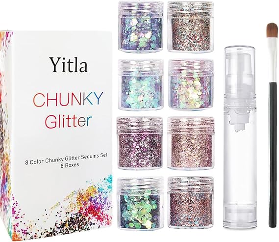 8 Color face Glitter Cosmetic Glitter, for Body, Cheeks and Hair, Festival and Party Beauty Makeup - Includes Long Lasting Fix Gel and Brush