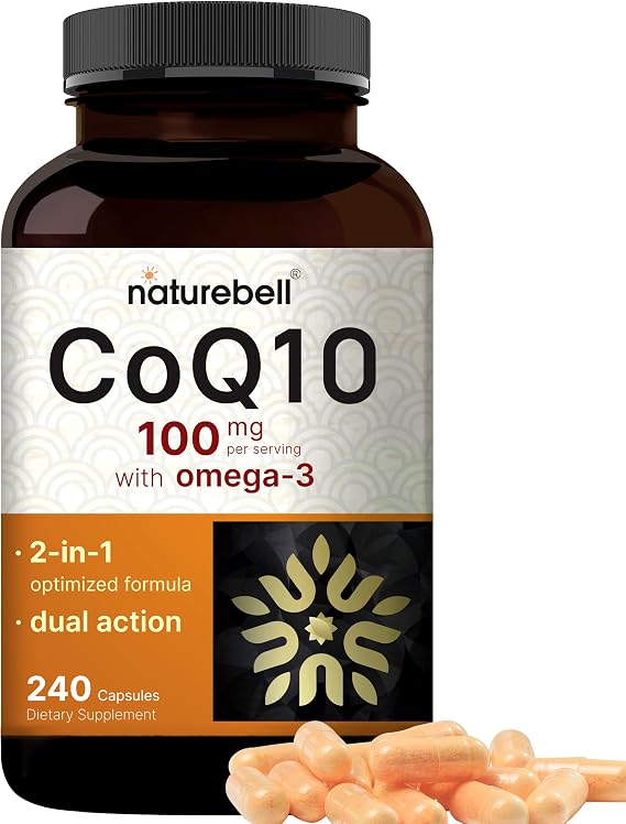 NatureBell CoQ10 100mg with Omega 3, 240 Capsules | Stable High Absorption Form Antioxidant Support for Heart & Energy Health Extra Strength Coenzyme Q10 Supplement