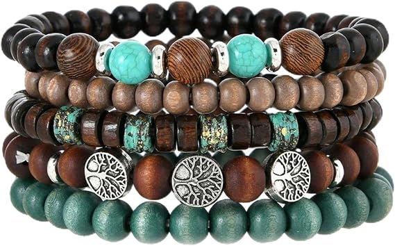 6 Pcs Beaded Bracelets, Boho Beaded Bracelets, Multi Layer Stackable Wooden and Braceletss, Portability Cuff Bangle Wristband Jewelry, for Women Men