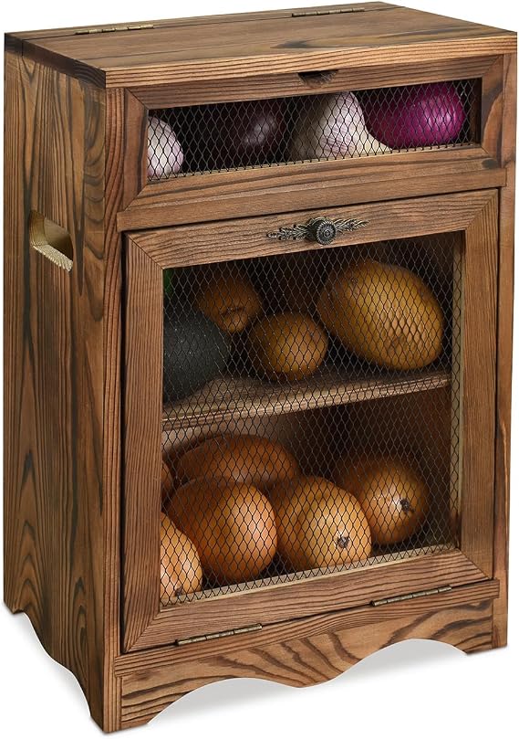 Ikee Design Free Assemble Wood Countertop Potato and Onion Storage Cabinet | Pine wood countertop cabinet with removable shelf stores bread, potatoes, onions and pantry essentials; fully assembled.