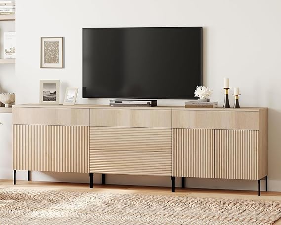 WAMPAT Fluted TV Stand for TVs up to 100 inchs, 3 in 1 Modern Entertainment Center with Storage Cabinets and 5 Drawers & 4 Doors, Wood Media TV Console Table with Storage for Living Room, Beige