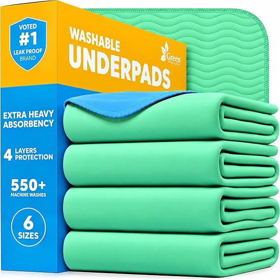 GREEN LIFESTYLE Washable Underpads - Heavy Absorbency Reusable Bedwetting Incontinence Pads for Kids, Adults, Elderly, and Pets - Toddler Mattress Pads for Bed, Sofa, Floor (Pack of 4 - 34x36)