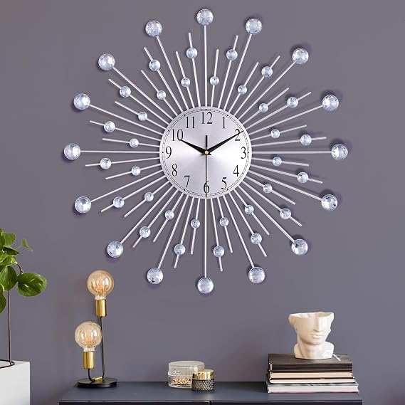 Lafocuse 23 Inch Large Metal Silver Bling Crystal Wall Clock Decorative