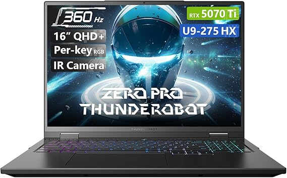 Thunderobot Zero 16 Pro Gaming Laptop, GeForce RTX 5070 Ti, Core Ultra 9 275HX, 16" QHD+ 360Hz Display, 32GB DDR5, 2TB SSD, Per-Key RGB, FHD IR Camera, Wi-Fi 6E, Win 11 Home