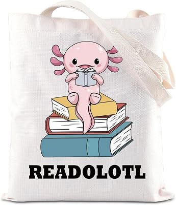 FOTAP Axolotl Gift Readolotl Tote Bag Mexican Salamander Handbag Kawaii Axolotl Lover Gift Axolotl Book Reading Shopping Tote
