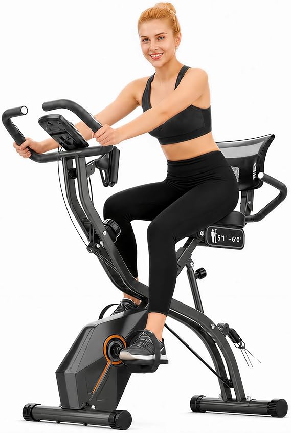 Folding Exercise Bike, 5-in-1 Stationary Bike for Home with Backrest, Upright and Recumbent Modes, 16-Level Magnetic Resistance, 8-Position Seat, Arm and Leg Resistance Bands, LCD Monitor