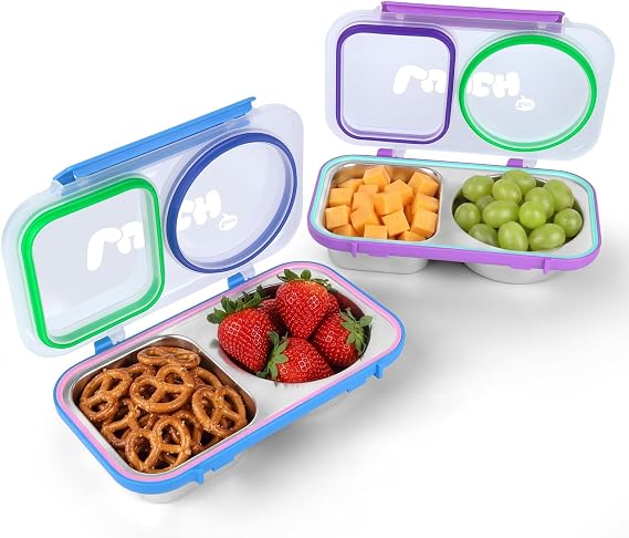 2 Pack Stainless Steel Snack Containers with Lids, 2 Compartment