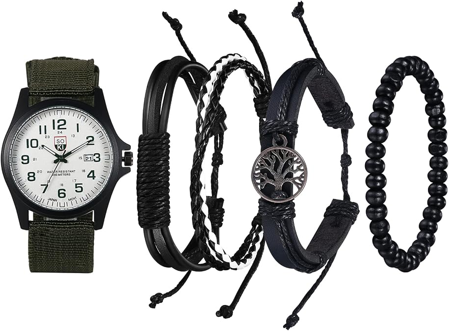 Avaner Men's Bracelet Watch Set, 4 Pcs Wrist Set With Military Nylon Strap Quartz and Black Leather Bracelets