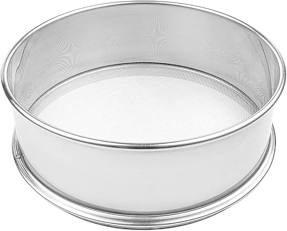 Vollum Stainless Steel Flour Sifter Fine Mesh Baking Sieve 9.5" | Round 30-mesh sieve with 0.6mm holes; 9.5" diameter by 2.5" high ideal for achieving ultra-fine, lump-free results.