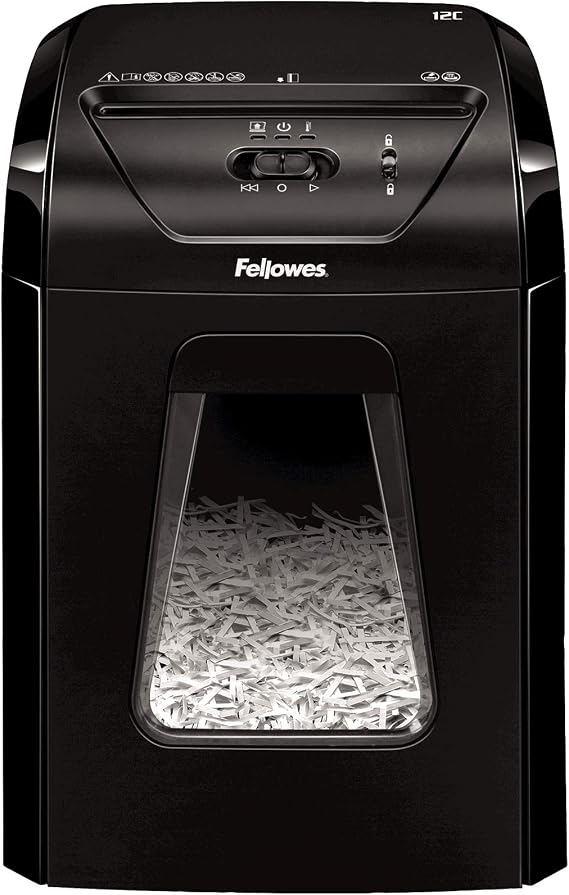 Fellowes Paper Shredder for Home Office Use - 12 Sheet Cross Cut Paper Shredder for Deskside Use - Powershred 12C Home Shredder with 19 Litre Pull-out Bin - High Security P4 - Black