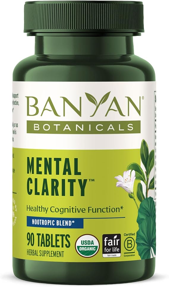 Banyan Botanicals Organic Mental Clarity Herbal Alertness & Focus Supplement with Bacopa & Gotu Kola Natural Support for a Calm Mind & Sustainable Mental Energy 90 Tablets USDA Organic