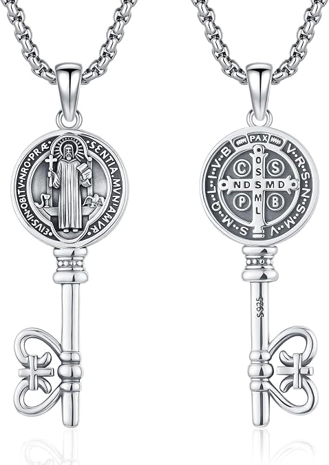St Benedict Medals Necklace Patron Saint Medalla De San Benito 925 Sterling Silver San Benito Medalla Cross Pendant Religious Amulet Jewelry for Men Women