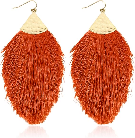 Bohemian Silky Thread Fan Fringe Tassel Statement Earrings - Lightweight Strand Feather Shape Dangles