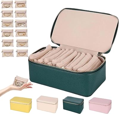 Travel Jewelry Box with Small Pouches, Portable PU Leather Jewelry Organizer Box with 12 Pouches, Large Capacity Waterproof Jewelry Organizer Storage Case for Necklaces, Bracelets, Rings Green