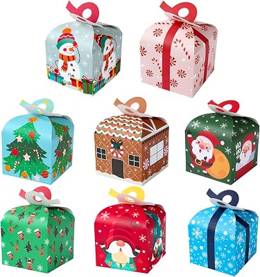 Patimate 24pcs Christmas Goody Gift Boxes with Bow, 8 Style 3D Cardboard Small Treat Cookie Boxes for Candy Holiday Party Favor Xmas Gift Giving