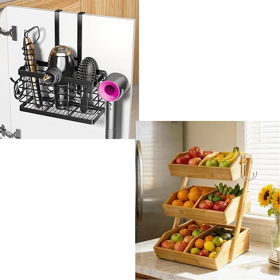 Sevenblue 3 Tier Wooden Fruit Basket with 2 Mobile Banana Holders, 3-in-1 Metal Universal Hair Tool Organizer Wall Mounted/Over Cabinet Door