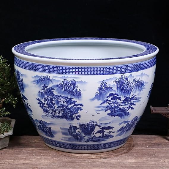 1 Set Blue and White Porcelain Lotus Pot Decorative Flowerpot Hydroponic Container Ceramic Planter Succulent Pots(Blue,30 * 21cm)
