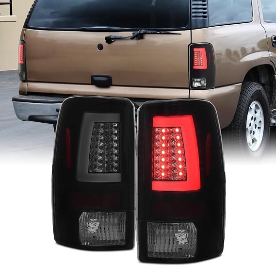 AKKON - For 2000-2006 GMC Yukon 1500-2500 Chevy Suburban Tahoe Tail Lights | Factory LED Model [C-Tube Bar] Running Turn Signal Lighting Black Housing Smoked Len Driver And Passenger